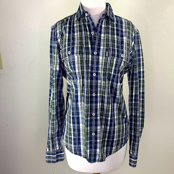 Levi's Tops - Women's Levi's Blue/Green/ White Plaid Tomboy Poplin Button Down Shirt Size S